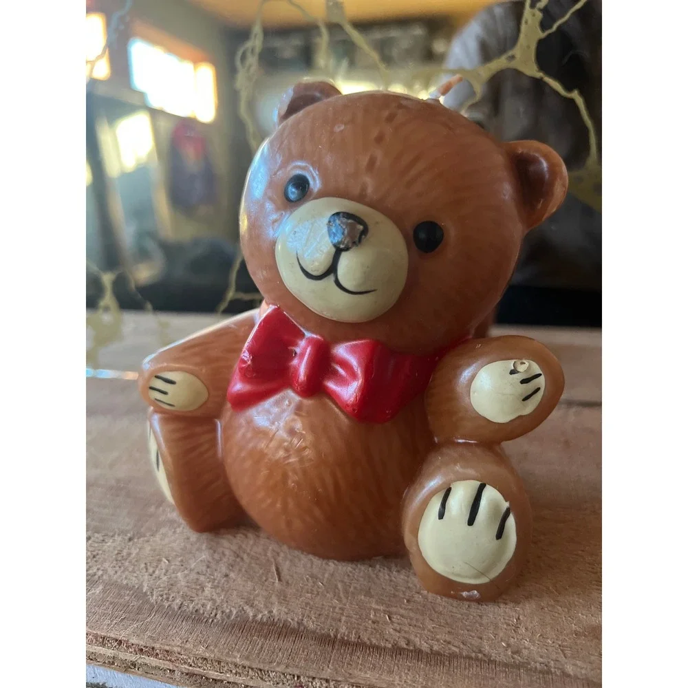 Vintage Teddy Bear Decorative Candle Red Bow Tie Nostalgic Kitsch‎ Decor